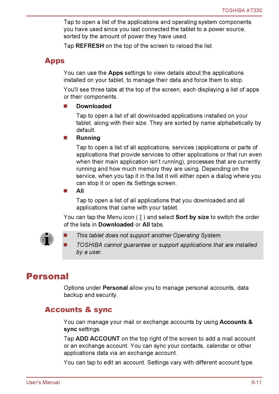 Toshiba at330 user manual Personal, Apps, Accounts & sync 