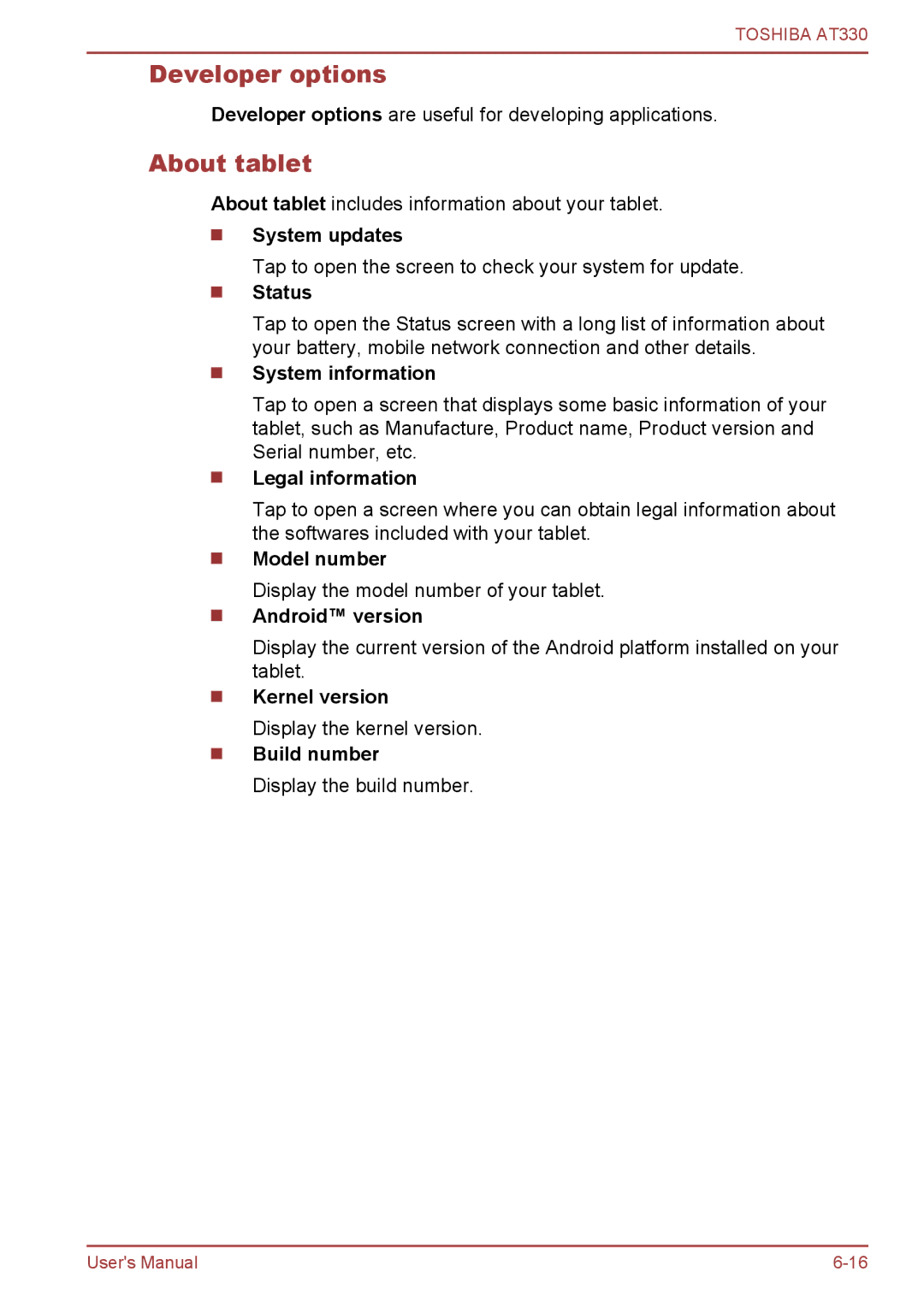 Toshiba at330 user manual Developer options, About tablet 