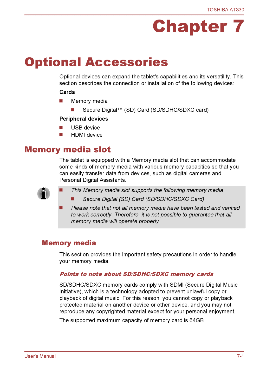 Toshiba at330 user manual Optional Accessories, Memory media slot, Points to note about SD/SDHC/SDXC memory cards 