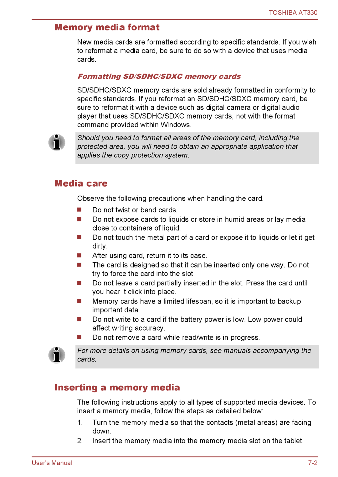 Toshiba at330 user manual Memory media format, Media care, Inserting a memory media, Formatting SD/SDHC/SDXC memory cards 