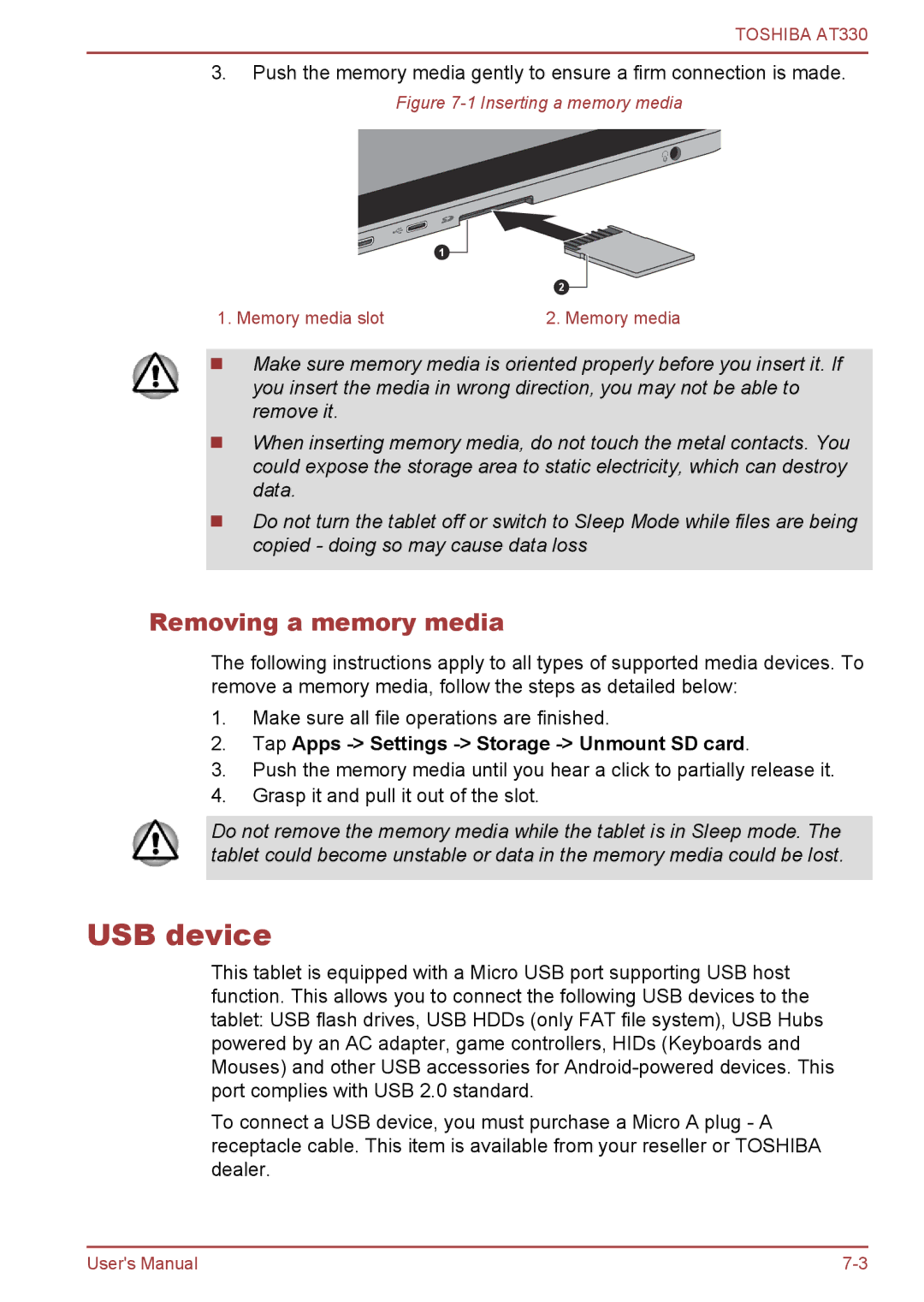 Toshiba at330 user manual USB device, Removing a memory media, Tap Apps Settings Storage Unmount SD card 