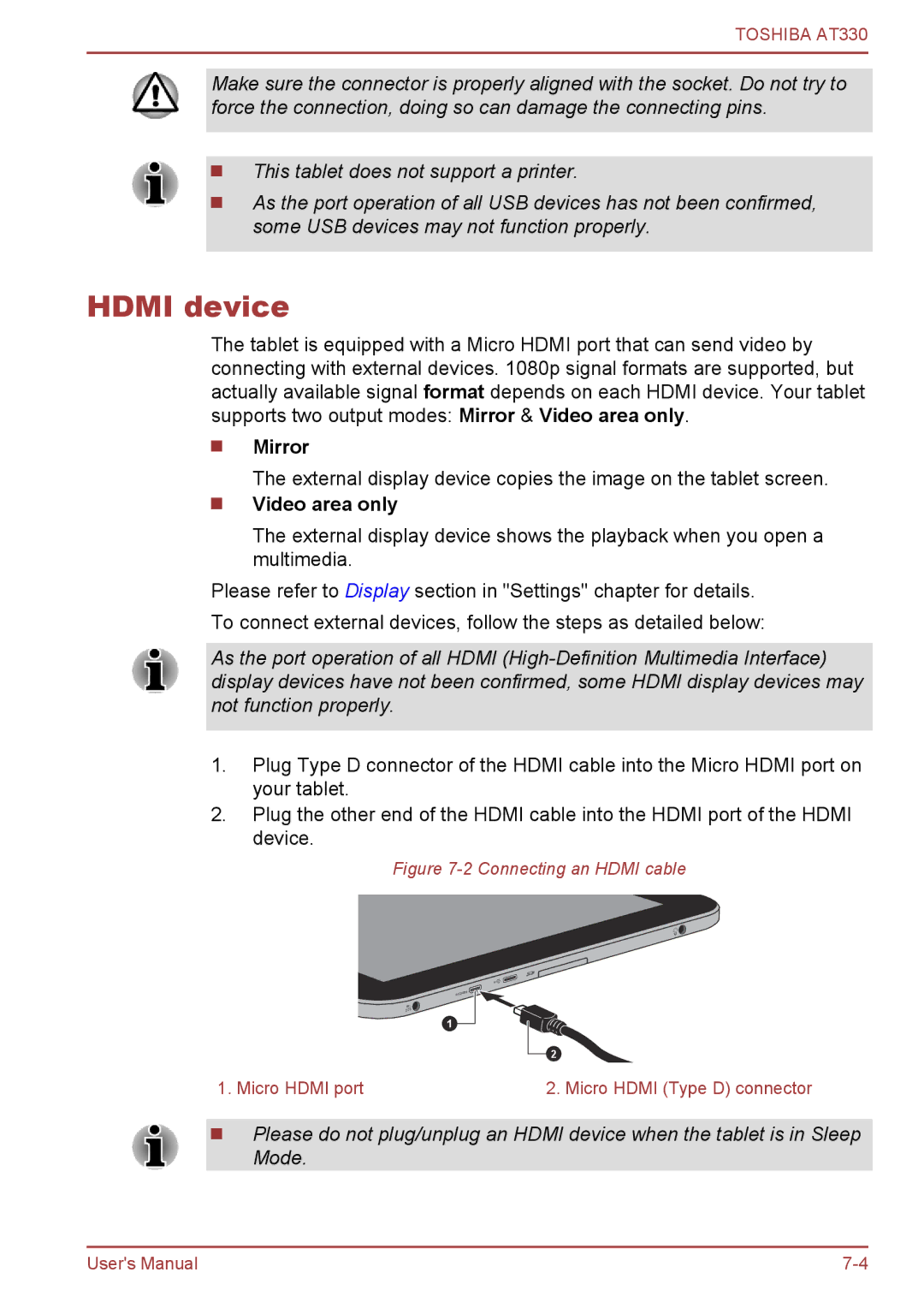 Toshiba at330 user manual Hdmi device, Mirror, Video area only 