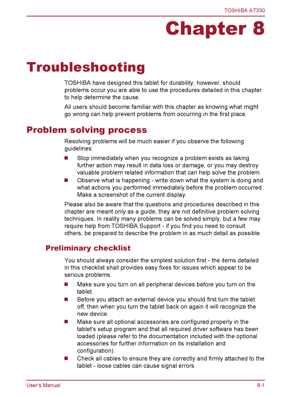 Toshiba at330 user manual Troubleshooting, Problem solving process, Preliminary checklist 