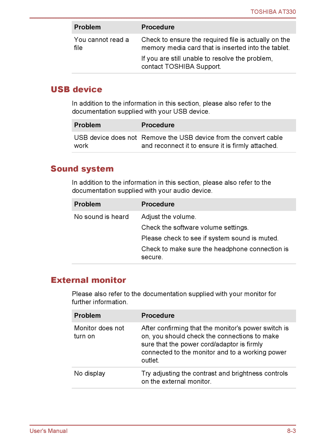 Toshiba at330 user manual USB device, Sound system, External monitor 