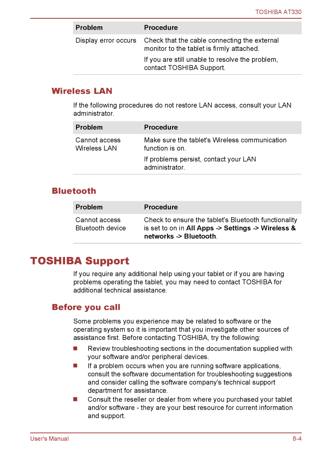 Toshiba at330 user manual Toshiba Support, Wireless LAN, Before you call 