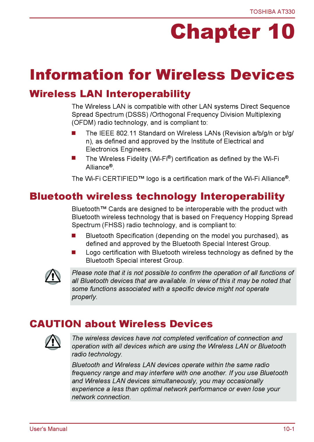 Toshiba at330 user manual Information for Wireless Devices, Wireless LAN Interoperability 