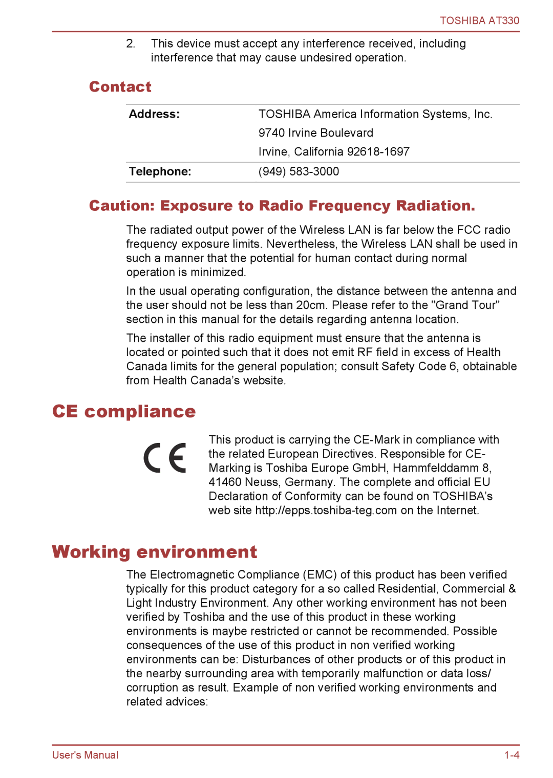 Toshiba at330 user manual CE compliance Working environment, Contact, Address, Telephone 