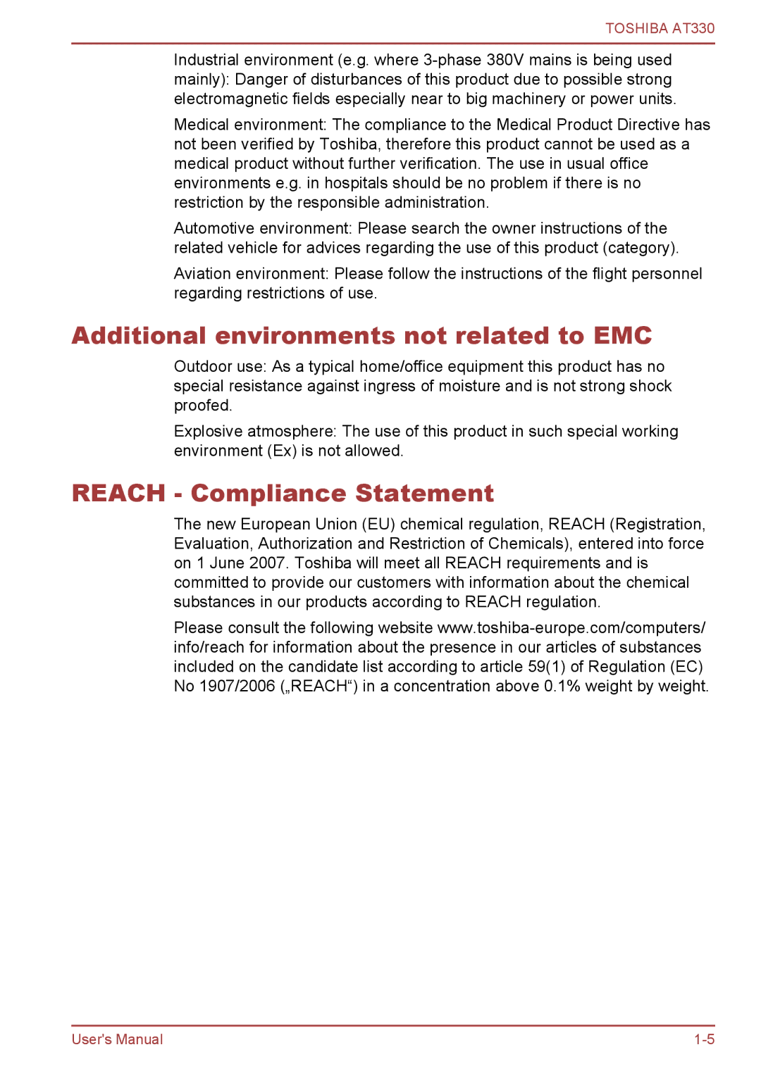 Toshiba at330 user manual Additional environments not related to EMC, Reach Compliance Statement 