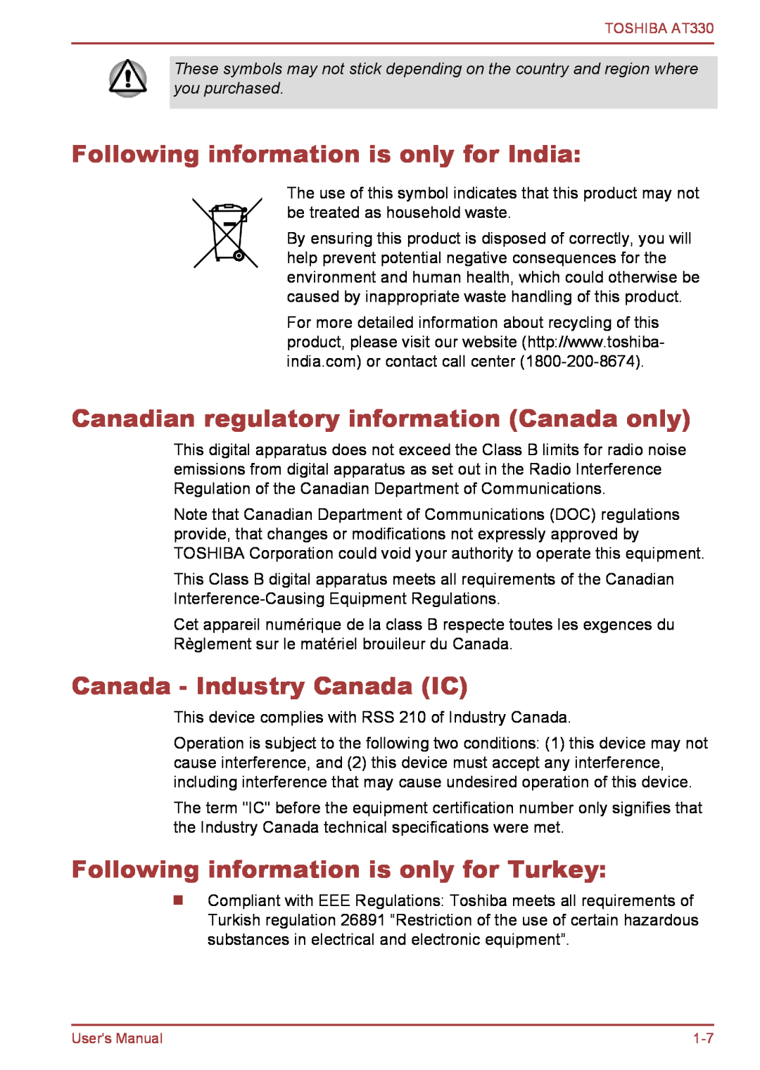Toshiba at330 user manual Following information is only for India, Canadian regulatory information Canada only 