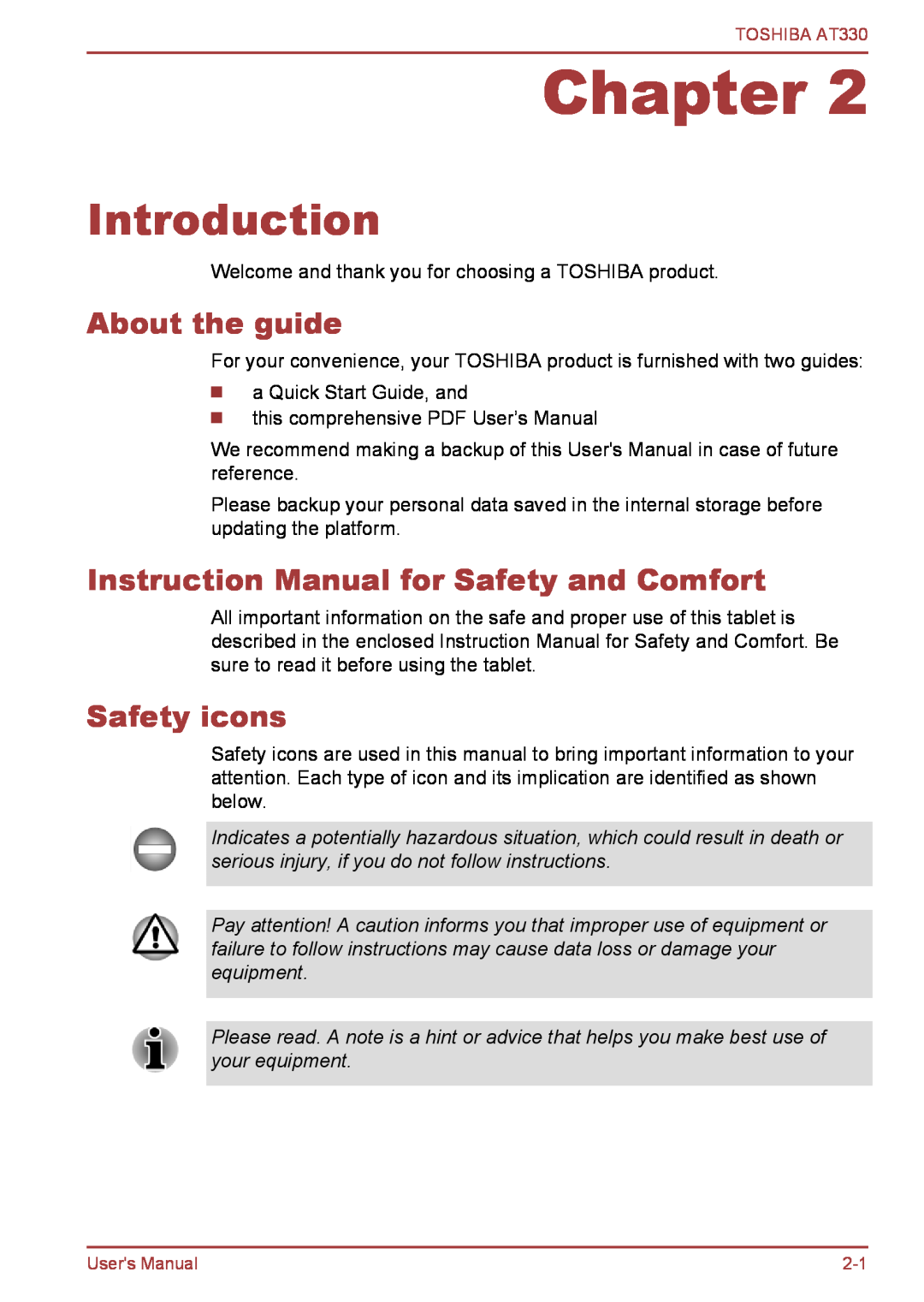 Toshiba at330 user manual Introduction, About the guide, Instruction Manual for Safety and Comfort, Safety icons, Chapter 