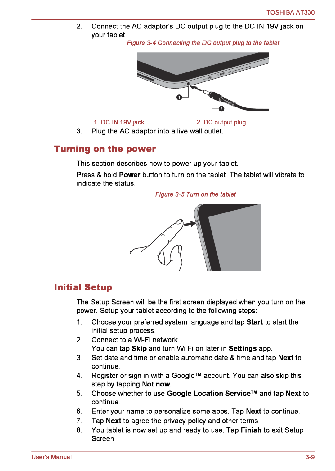 Toshiba at330 user manual Turning on the power, Initial Setup 