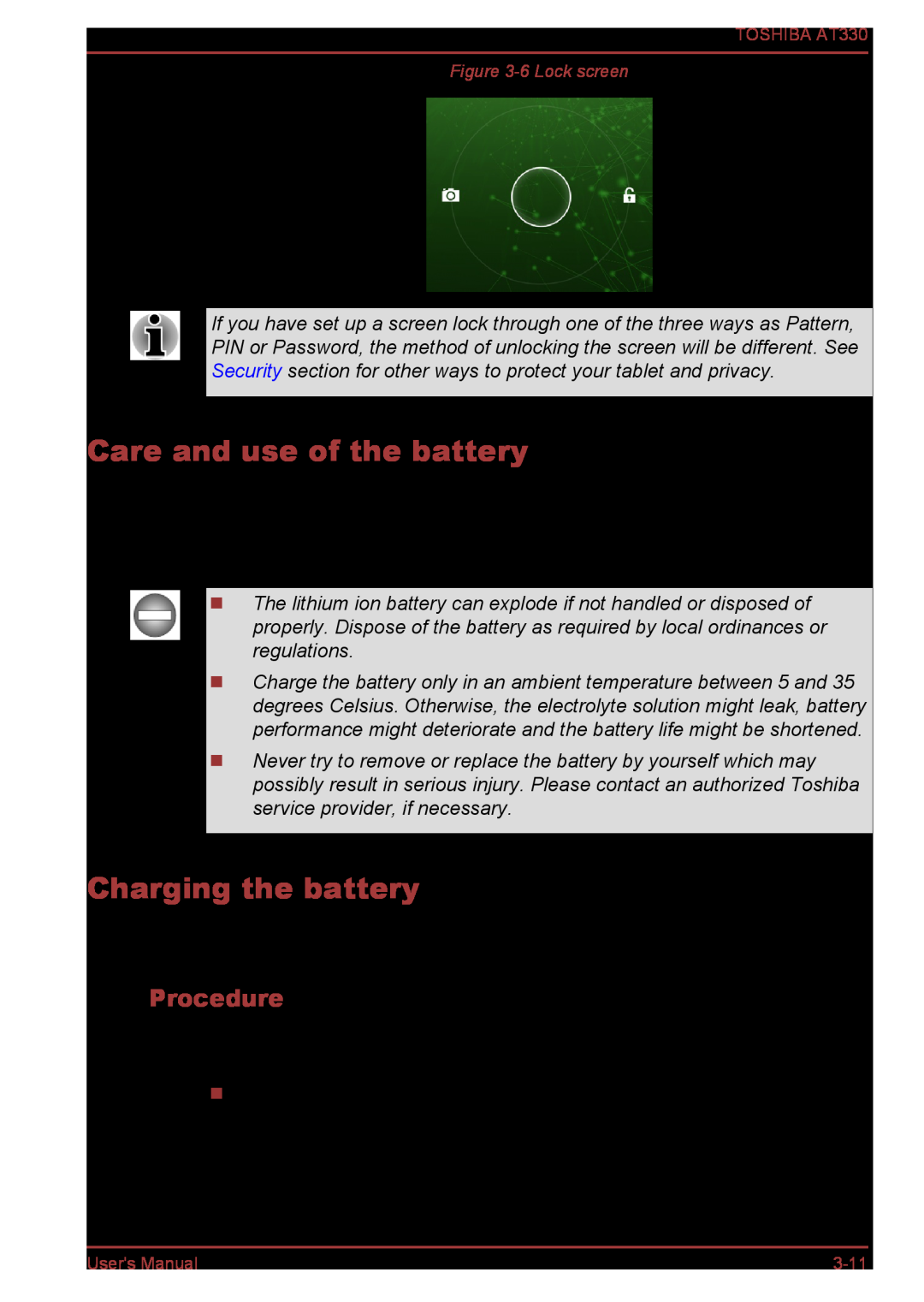 Toshiba at330 user manual Care and use of the battery, Charging the battery, Procedure 