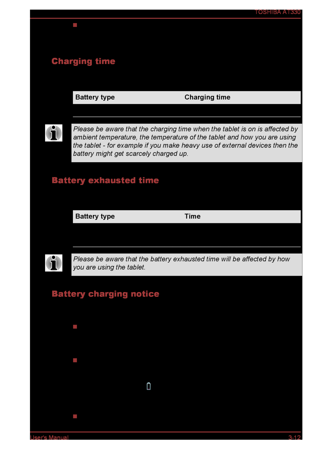 Toshiba at330 Charging time, Battery exhausted time, Battery charging notice, Battery type, Battery 3 cell, 37.2Wh, Time 