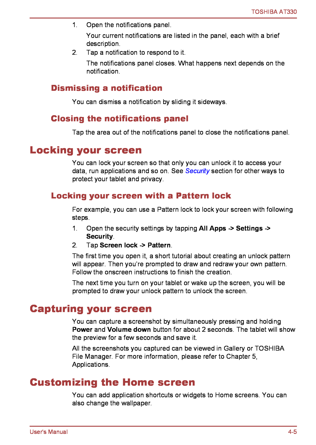 Toshiba at330 Locking your screen, Capturing your screen, Customizing the Home screen, Dismissing a notification 