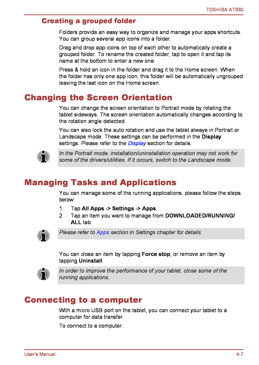 Toshiba at330 user manual Changing the Screen Orientation, Managing Tasks and Applications, Connecting to a computer 