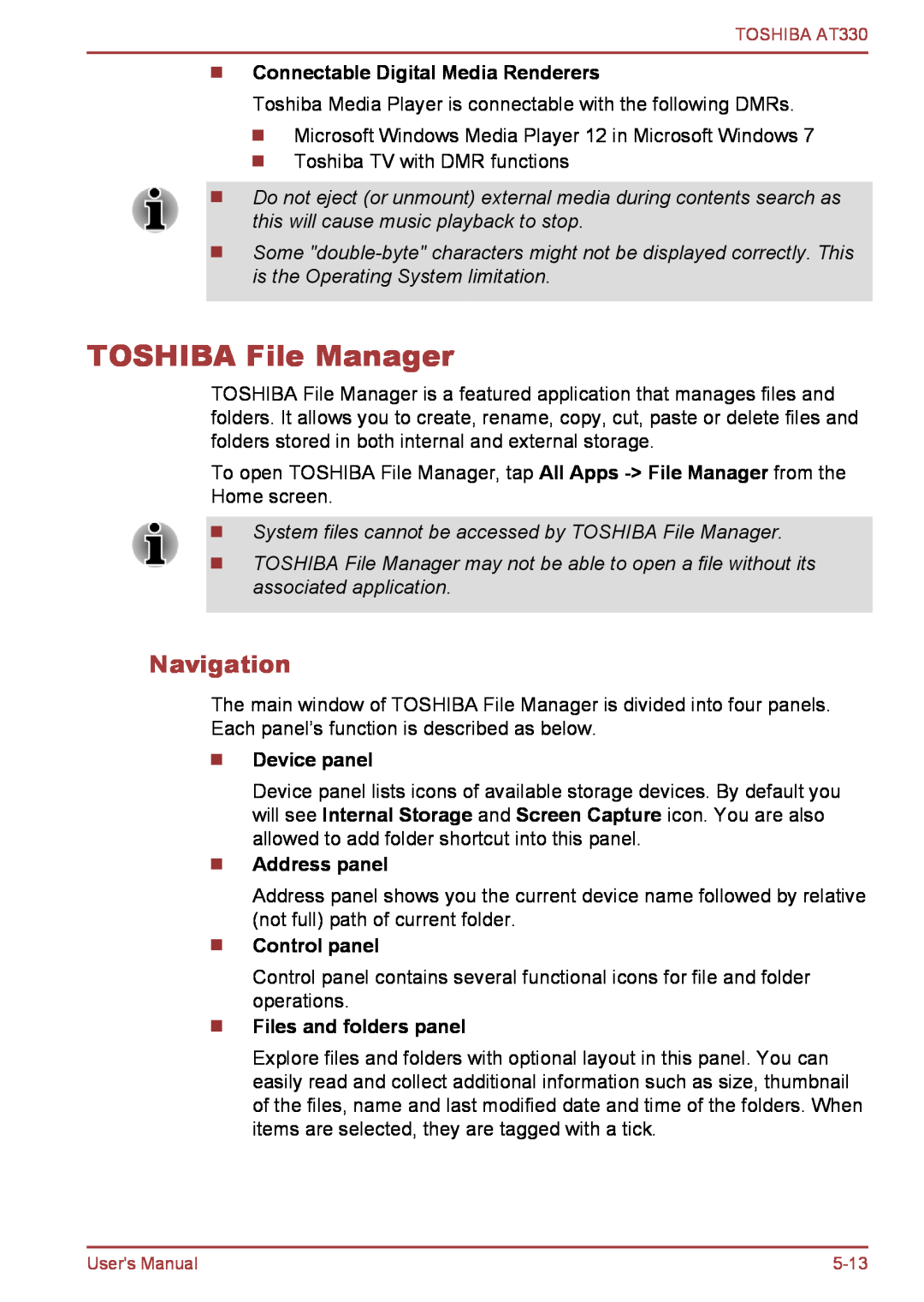 Toshiba at330 TOSHIBA File Manager, Navigation, Connectable Digital Media Renderers, Device panel, Address panel 