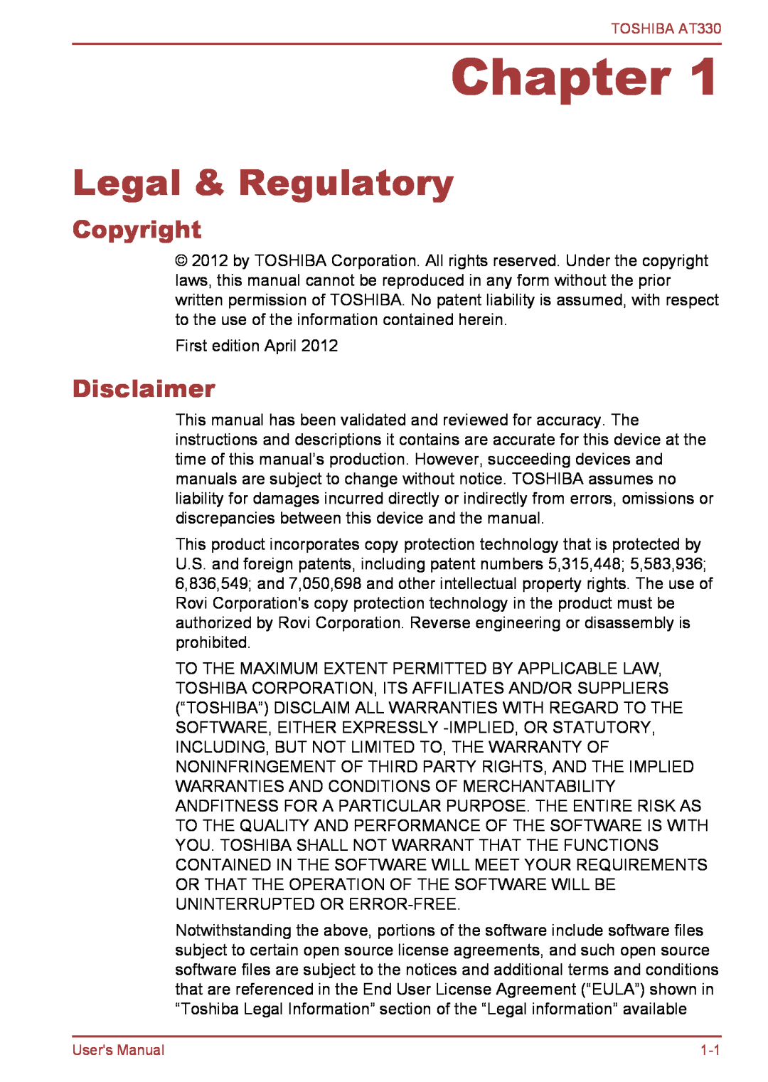 Toshiba at330 user manual Chapter, Legal & Regulatory, Copyright, Disclaimer 