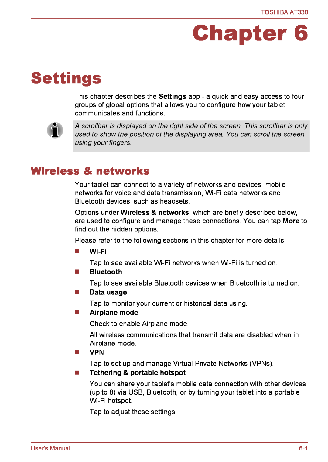 Toshiba at330 Settings, Wireless & networks, Data usage, Tethering & portable hotspot, Chapter, Wi-Fi, Bluetooth 