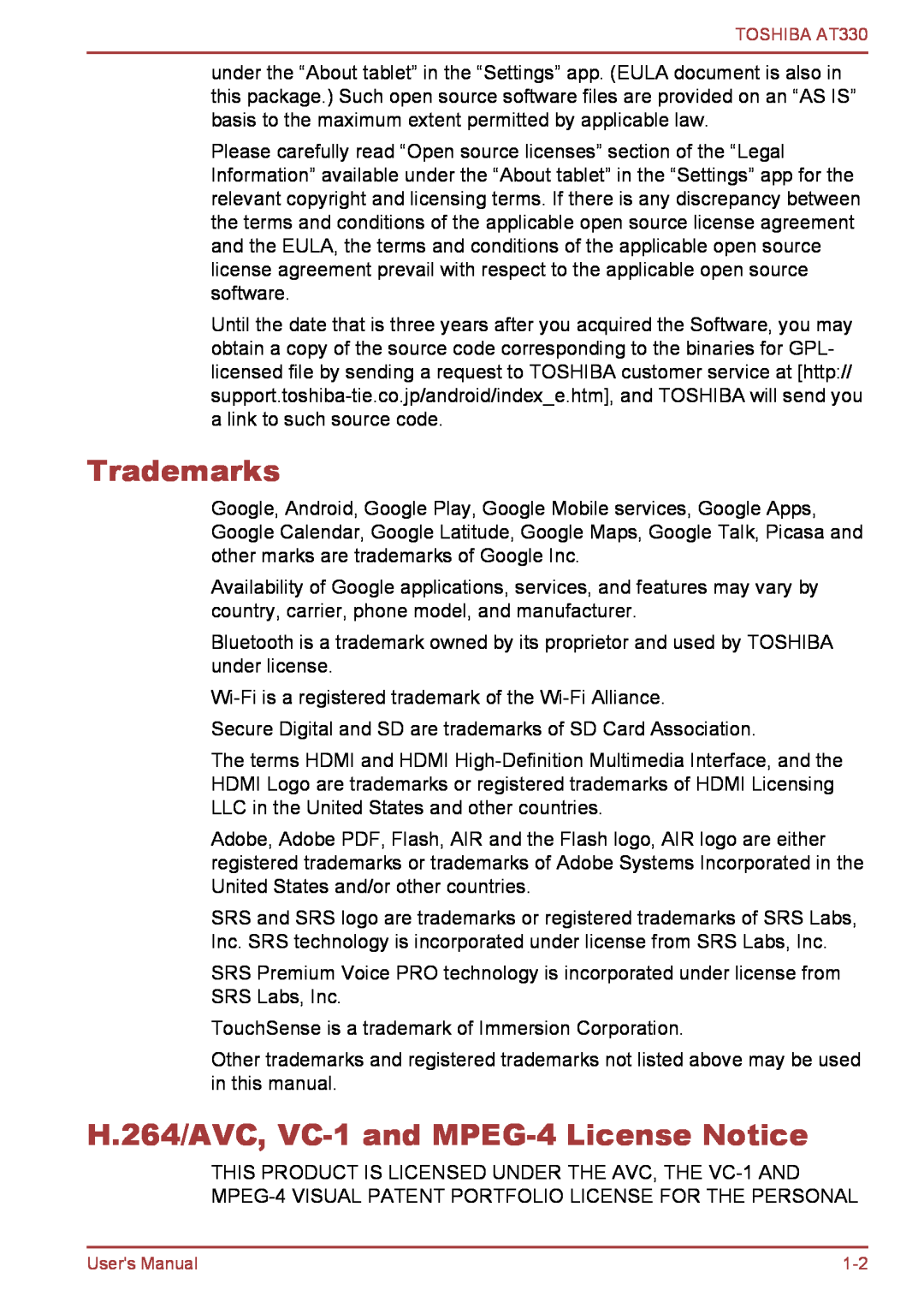 Toshiba at330 user manual Trademarks, H.264/AVC, VC-1 and MPEG-4 License Notice 