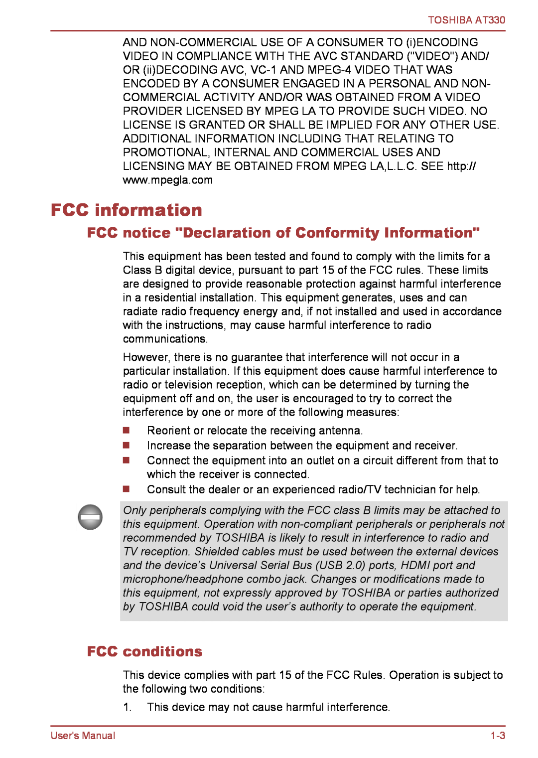 Toshiba at330 user manual FCC information, FCC notice Declaration of Conformity Information, FCC conditions 