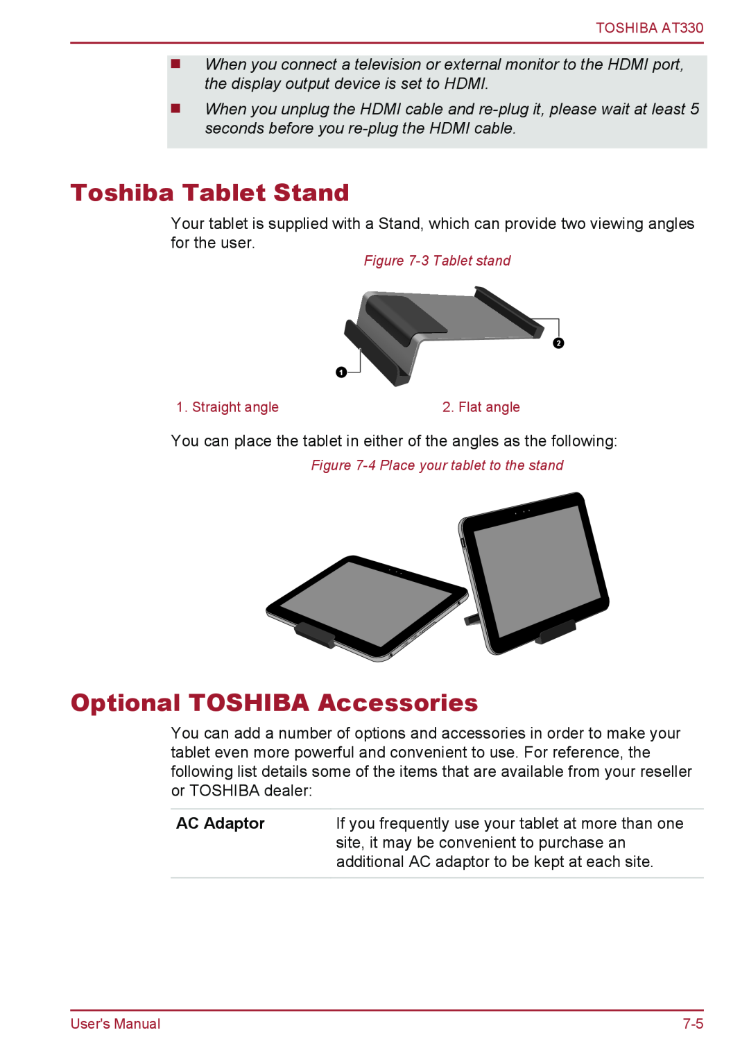 Toshiba at330 user manual Toshiba Tablet Stand, Optional TOSHIBA Accessories, AC Adaptor 