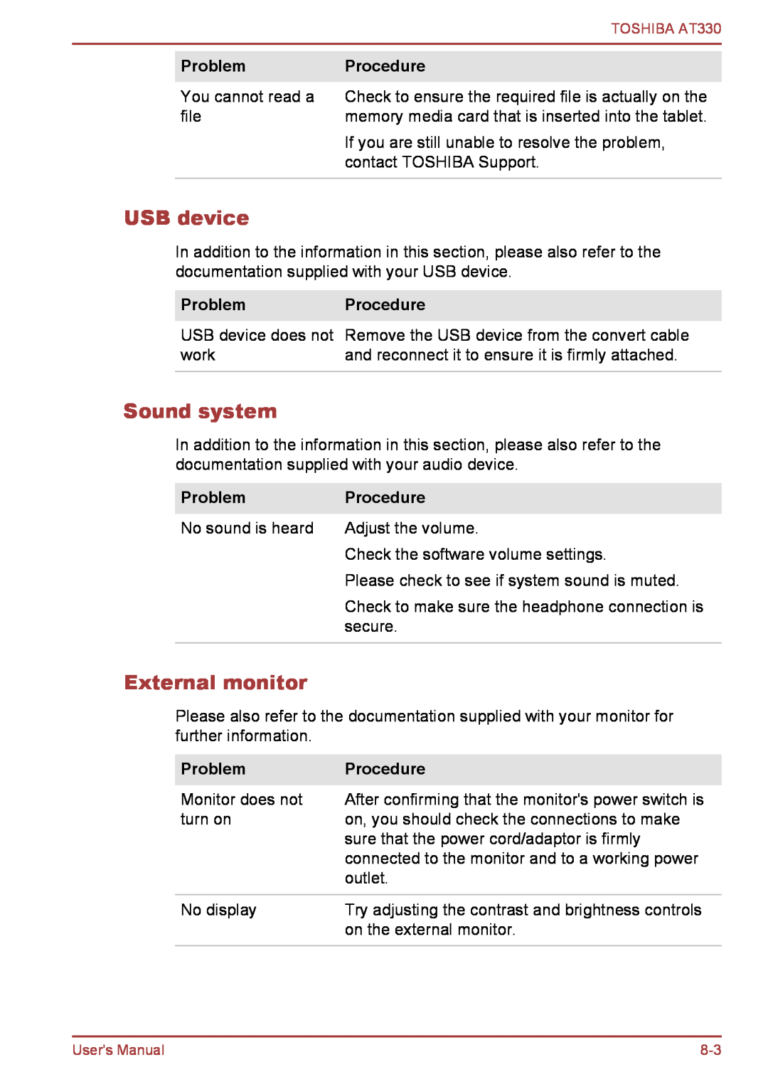 Toshiba at330 user manual USB device, Sound system, External monitor, Problem, Procedure 