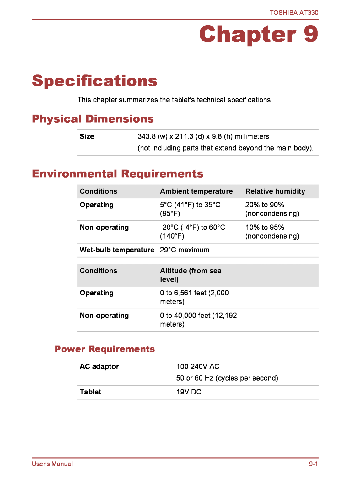 Toshiba at330 Specifications, Physical Dimensions, Environmental Requirements, Power Requirements, Size, Conditions, level 