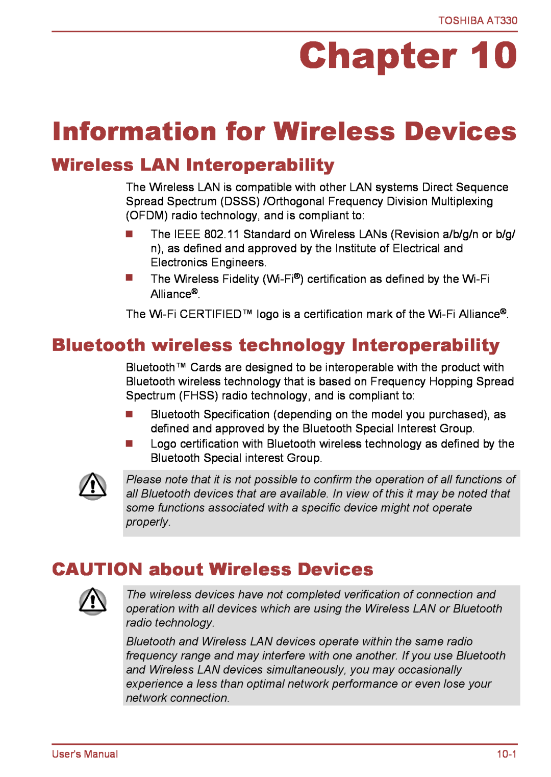 Toshiba at330 Information for Wireless Devices, Wireless LAN Interoperability, CAUTION about Wireless Devices, Chapter 