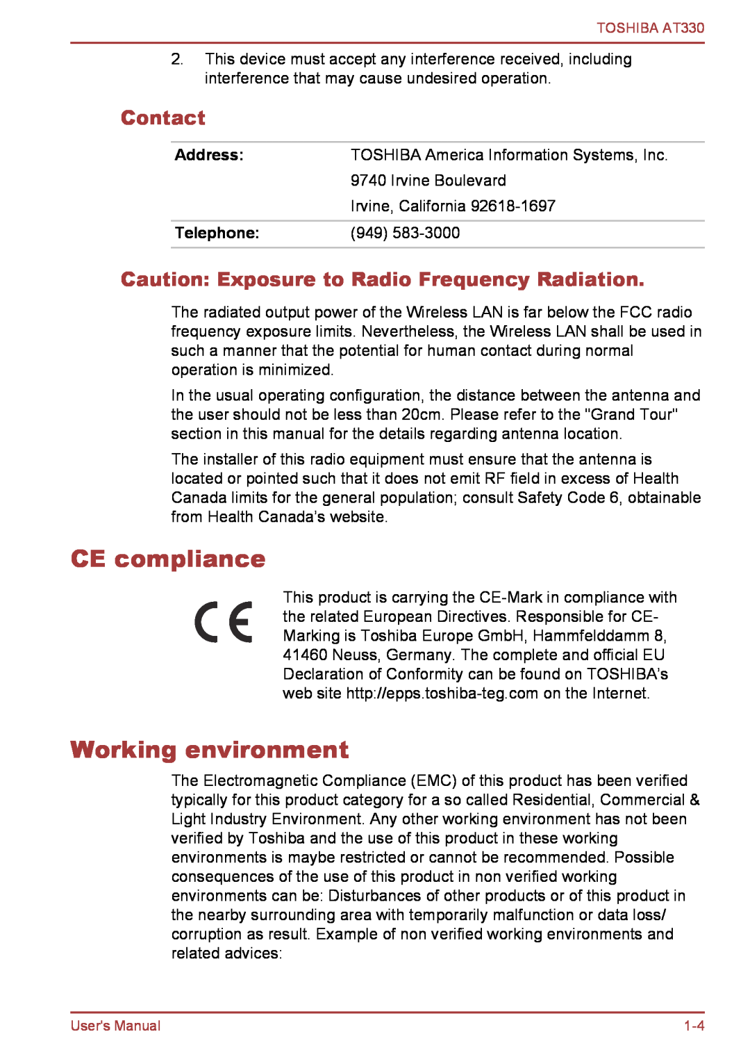 Toshiba at330 CE compliance, Working environment, Contact, Caution Exposure to Radio Frequency Radiation, Address 