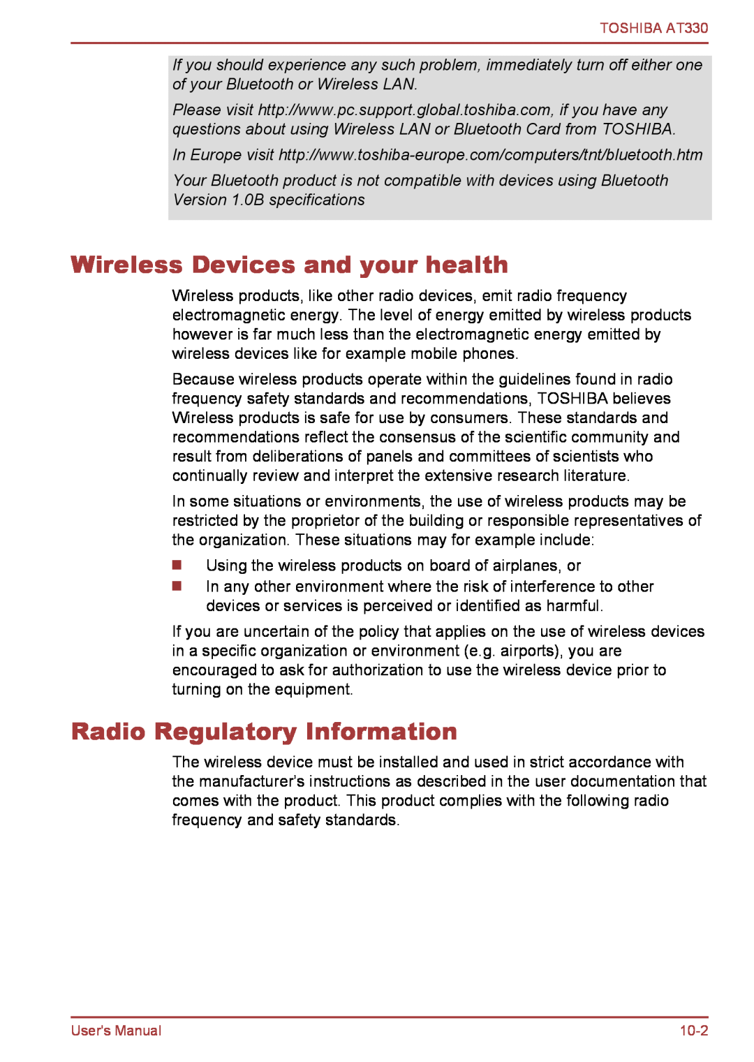 Toshiba at330 user manual Wireless Devices and your health, Radio Regulatory Information 