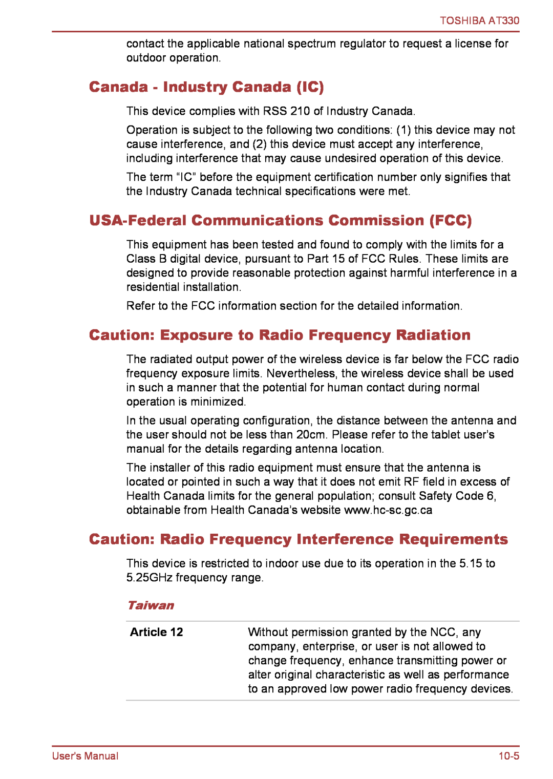 Toshiba at330 user manual Canada - Industry Canada IC, USA-Federal Communications Commission FCC, Taiwan, Article 