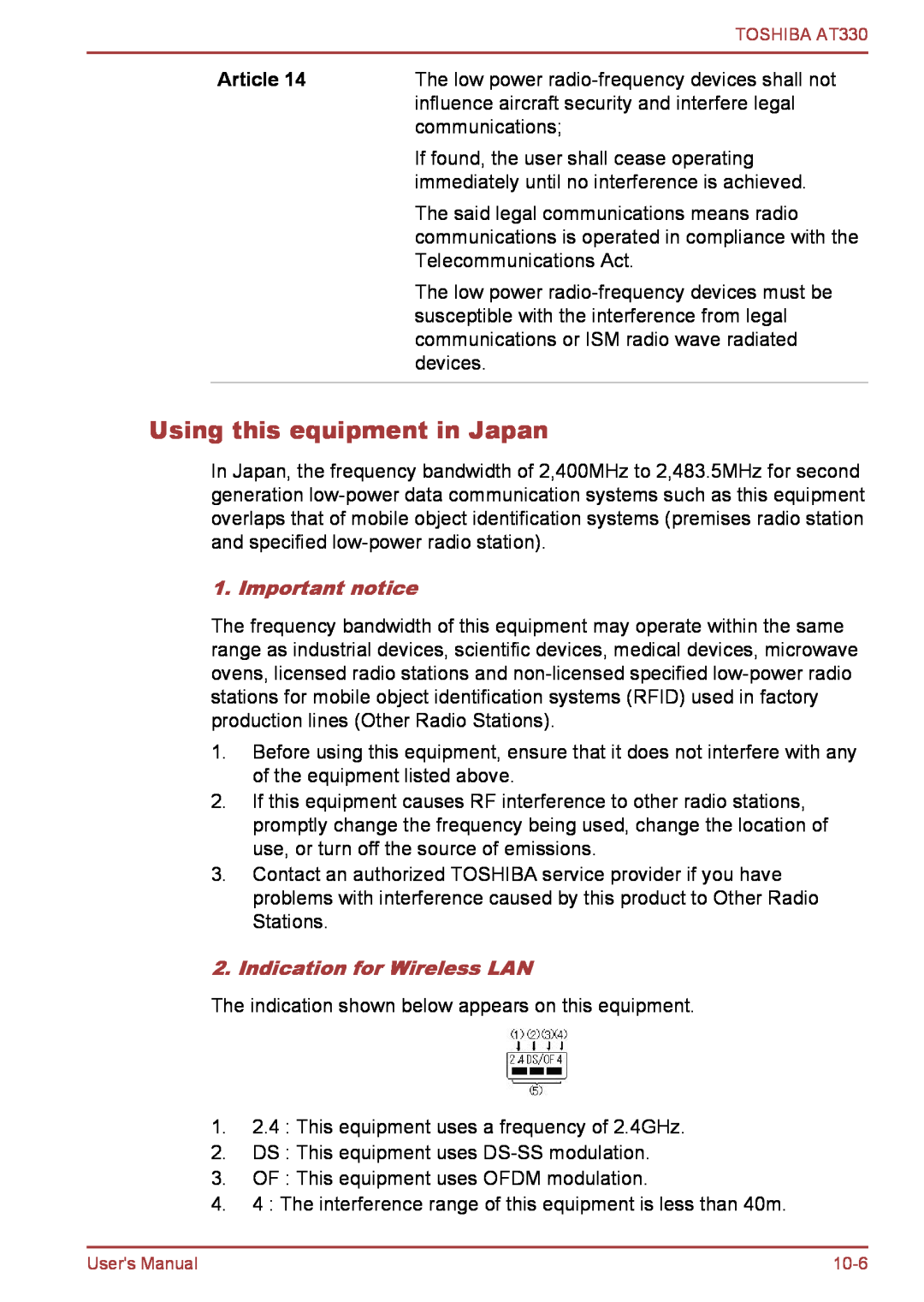 Toshiba at330 user manual Using this equipment in Japan, Important notice, Indication for Wireless LAN, Article 