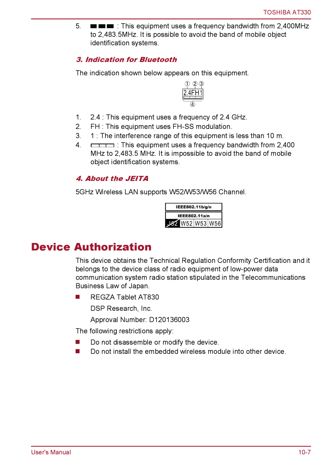 Toshiba at330 user manual Device Authorization, Indication for Bluetooth, About the JEITA 