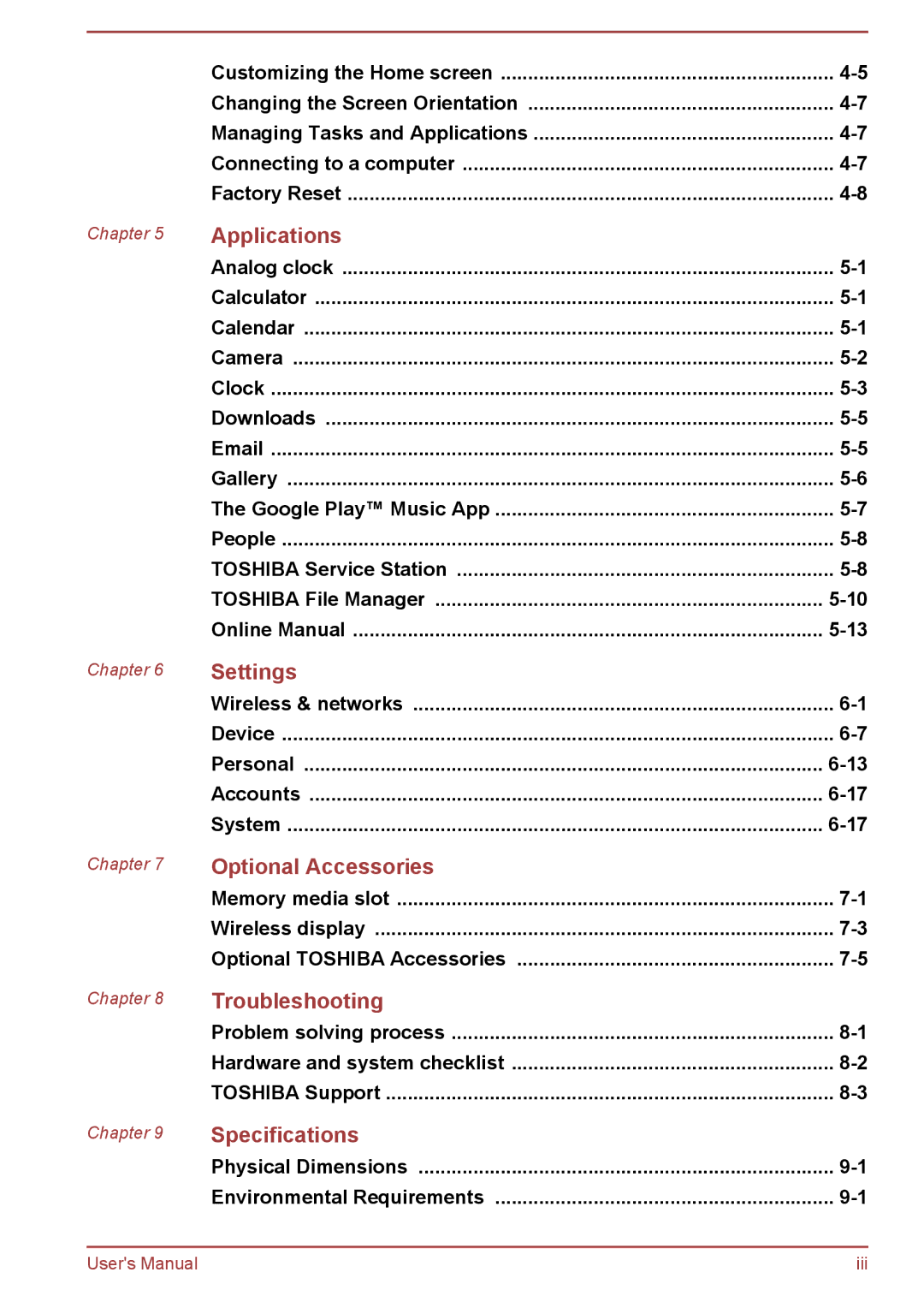 Toshiba AT7-C Wireless & networks Device Personal Accounts System, Physical Dimensions Environmental Requirements 