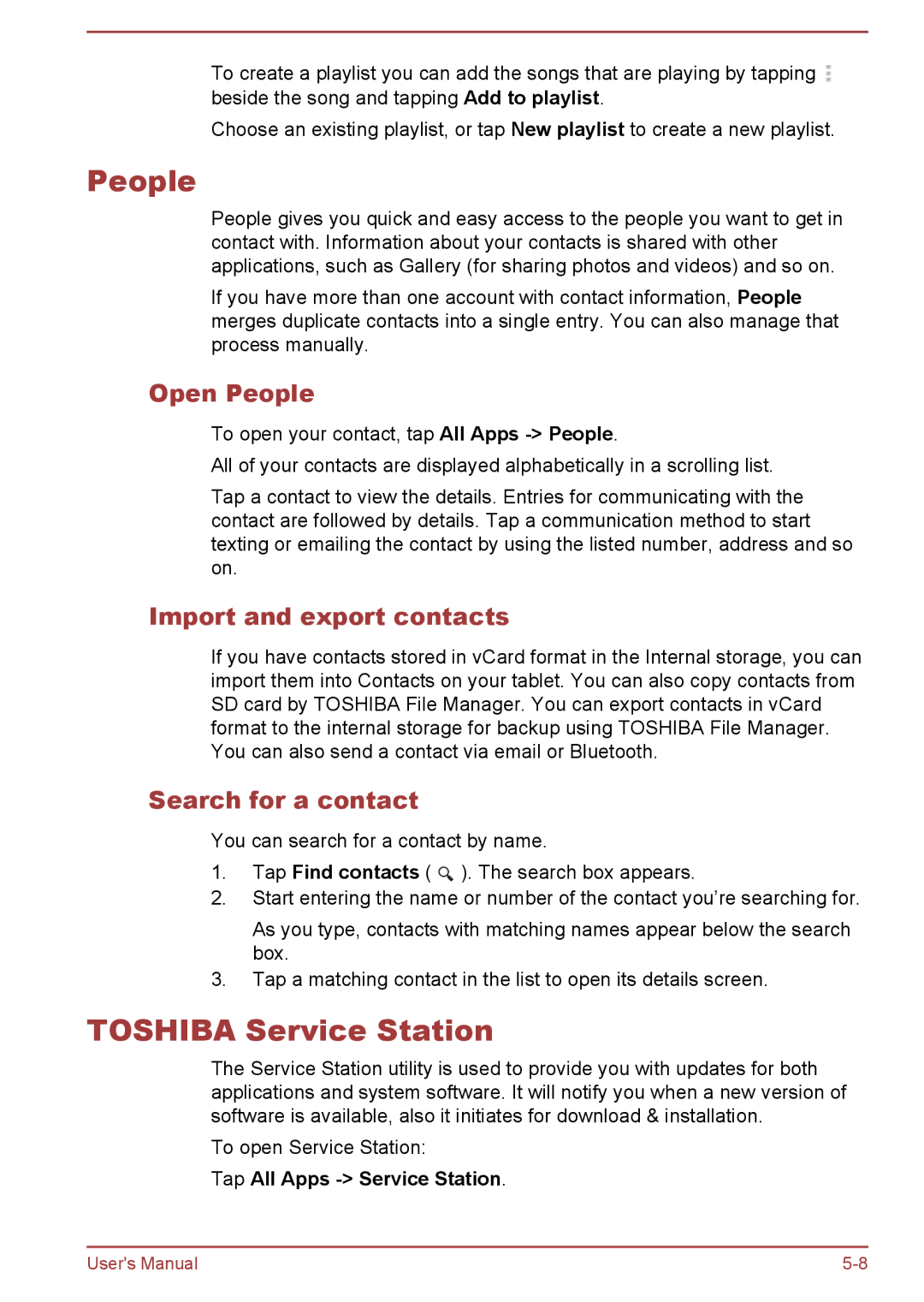 Toshiba AT7-C user manual Toshiba Service Station, Open People, Import and export contacts, Search for a contact 