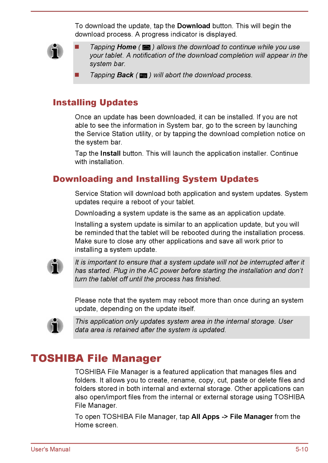 Toshiba AT7-C user manual Toshiba File Manager, Installing Updates, Downloading and Installing System Updates 