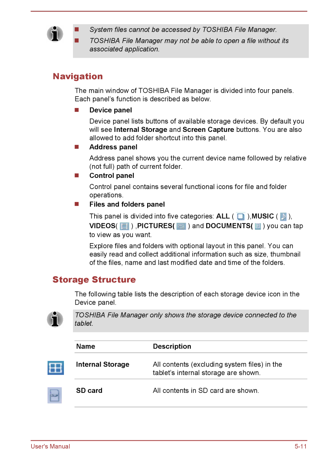 Toshiba AT7-C user manual Navigation, Storage Structure 