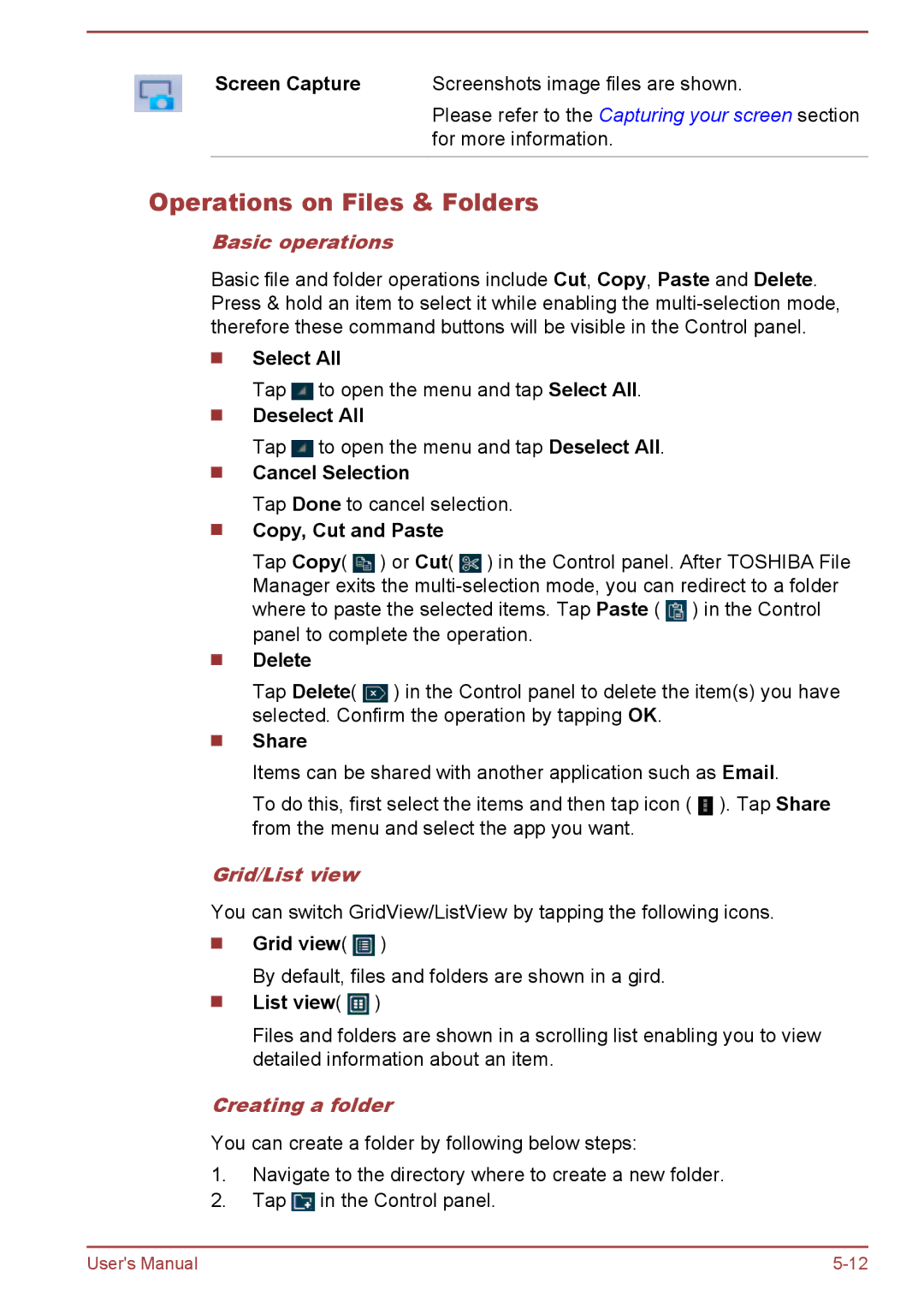 Toshiba AT7-C user manual Operations on Files & Folders, Basic operations, Grid/List view, Creating a folder 