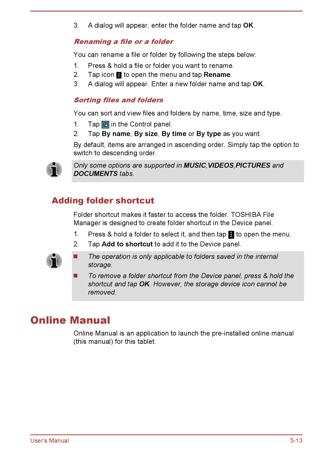 Toshiba AT7-C user manual Online Manual, Adding folder shortcut, Renaming a file or a folder, Sorting files and folders 