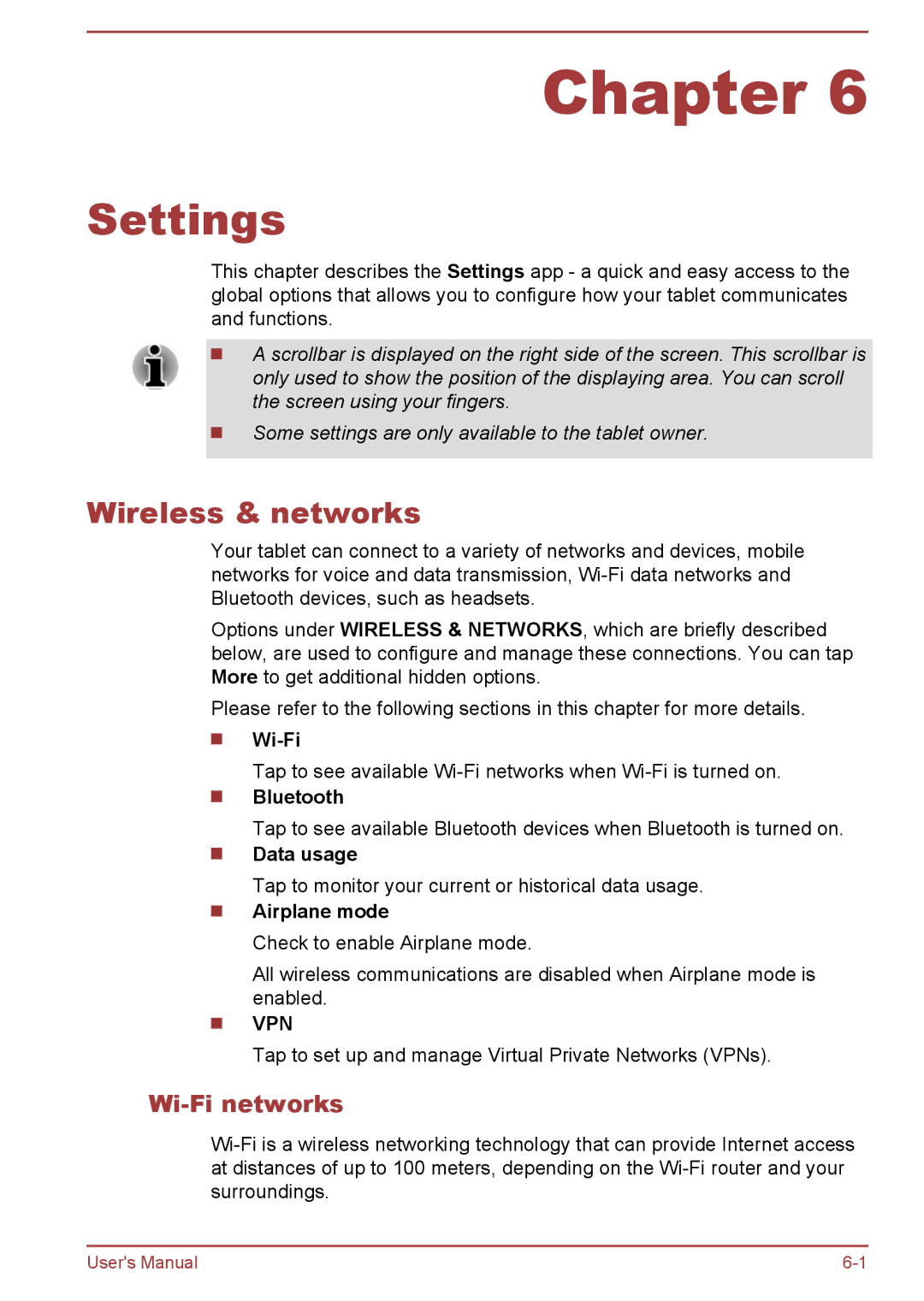 Toshiba AT7-C user manual Settings, Wireless & networks, Wi-Fi networks, Data usage 