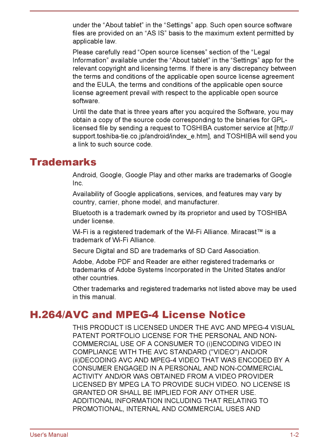 Toshiba AT7-C user manual Trademarks, 264/AVC and MPEG-4 License Notice 