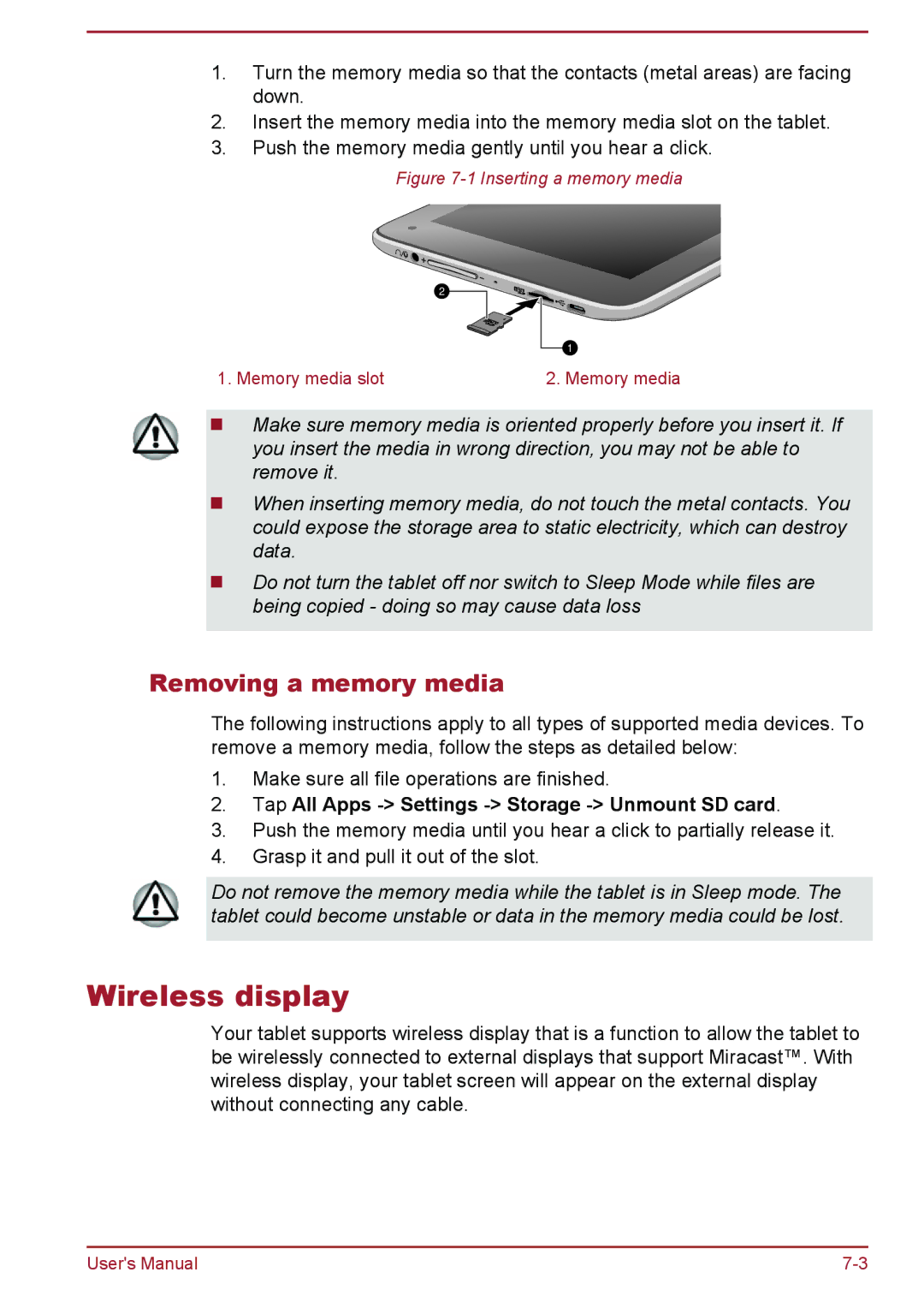 Toshiba AT7-C user manual Wireless display, Removing a memory media, Tap All Apps Settings Storage Unmount SD card 