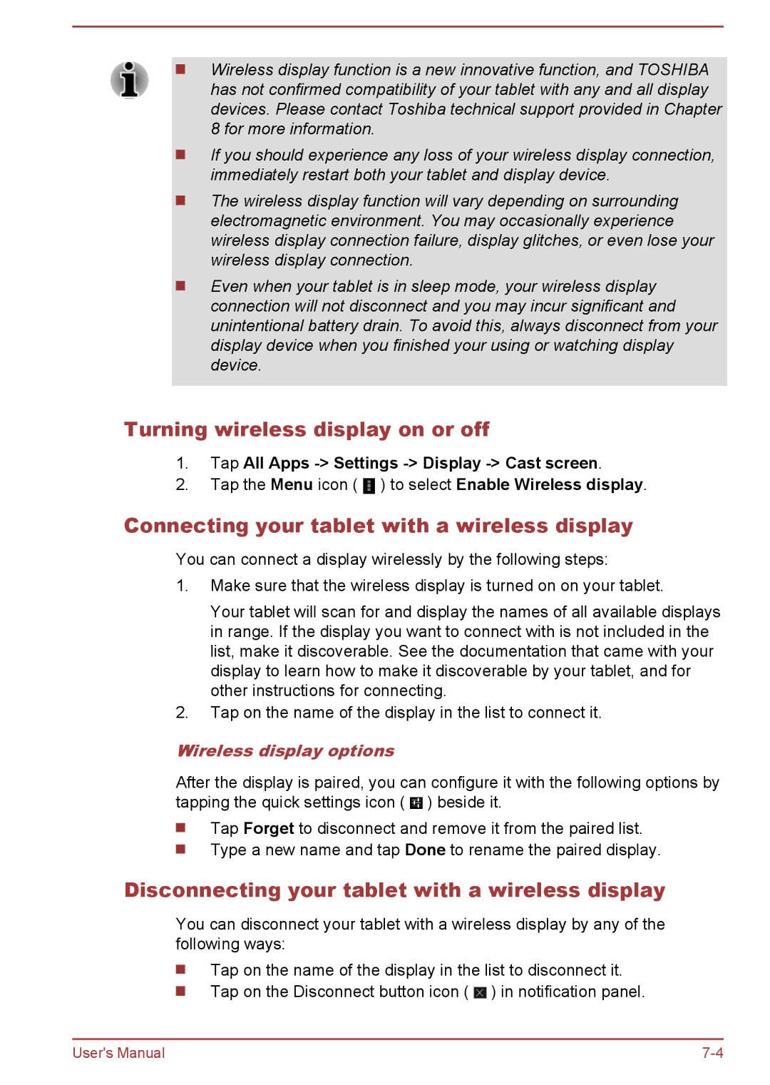 Toshiba AT7-C Turning wireless display on or off, Connecting your tablet with a wireless display, Wireless display options 