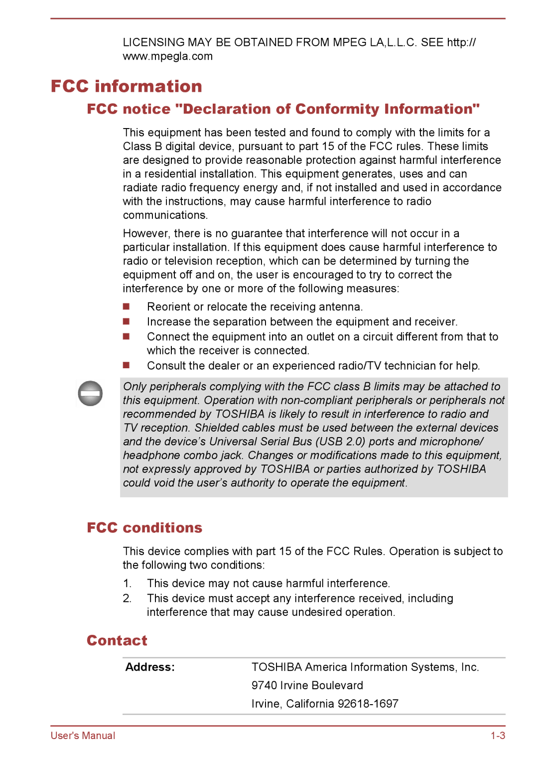 Toshiba AT7-C user manual FCC information, FCC notice Declaration of Conformity Information, FCC conditions, Contact 