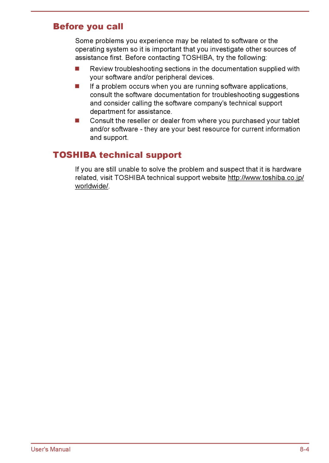 Toshiba AT7-C user manual Before you call, Toshiba technical support 