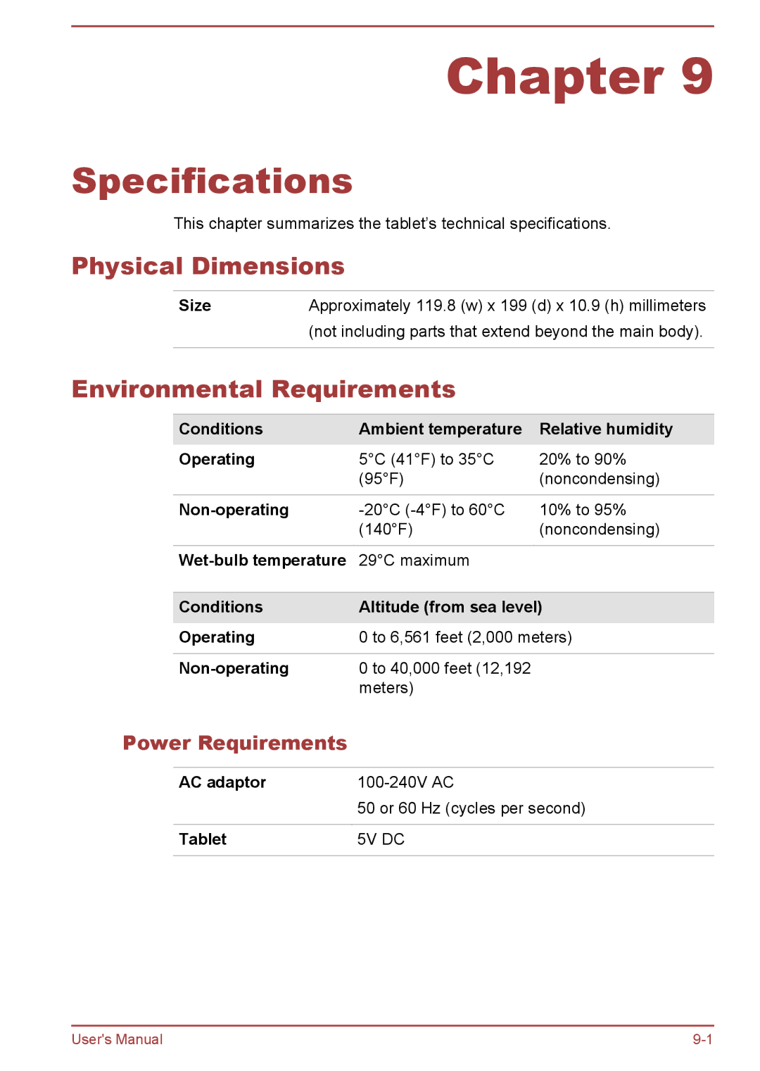 Toshiba AT7-C user manual Specifications, Physical Dimensions, Environmental Requirements, Power Requirements 