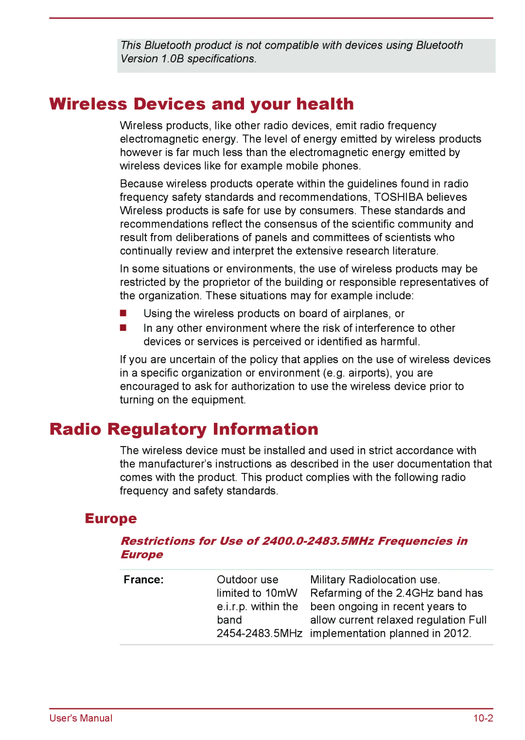 Toshiba AT7-C user manual Wireless Devices and your health, Radio Regulatory Information, Europe, France 