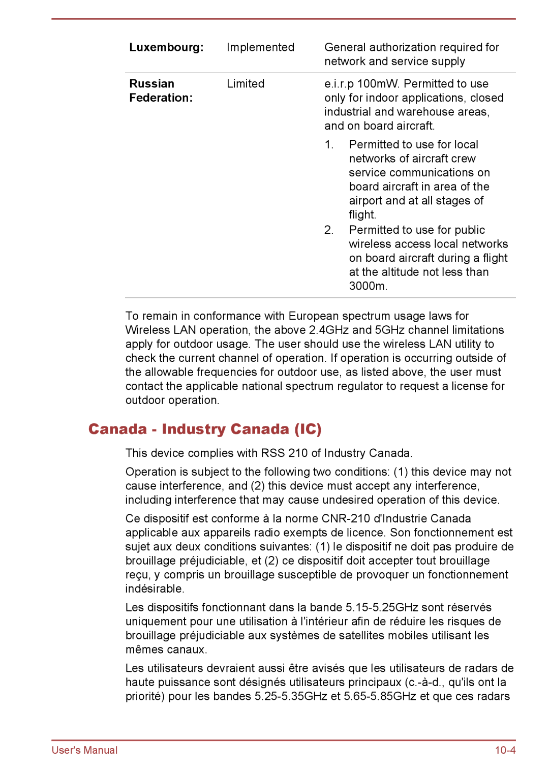 Toshiba AT7-C user manual Canada Industry Canada IC 