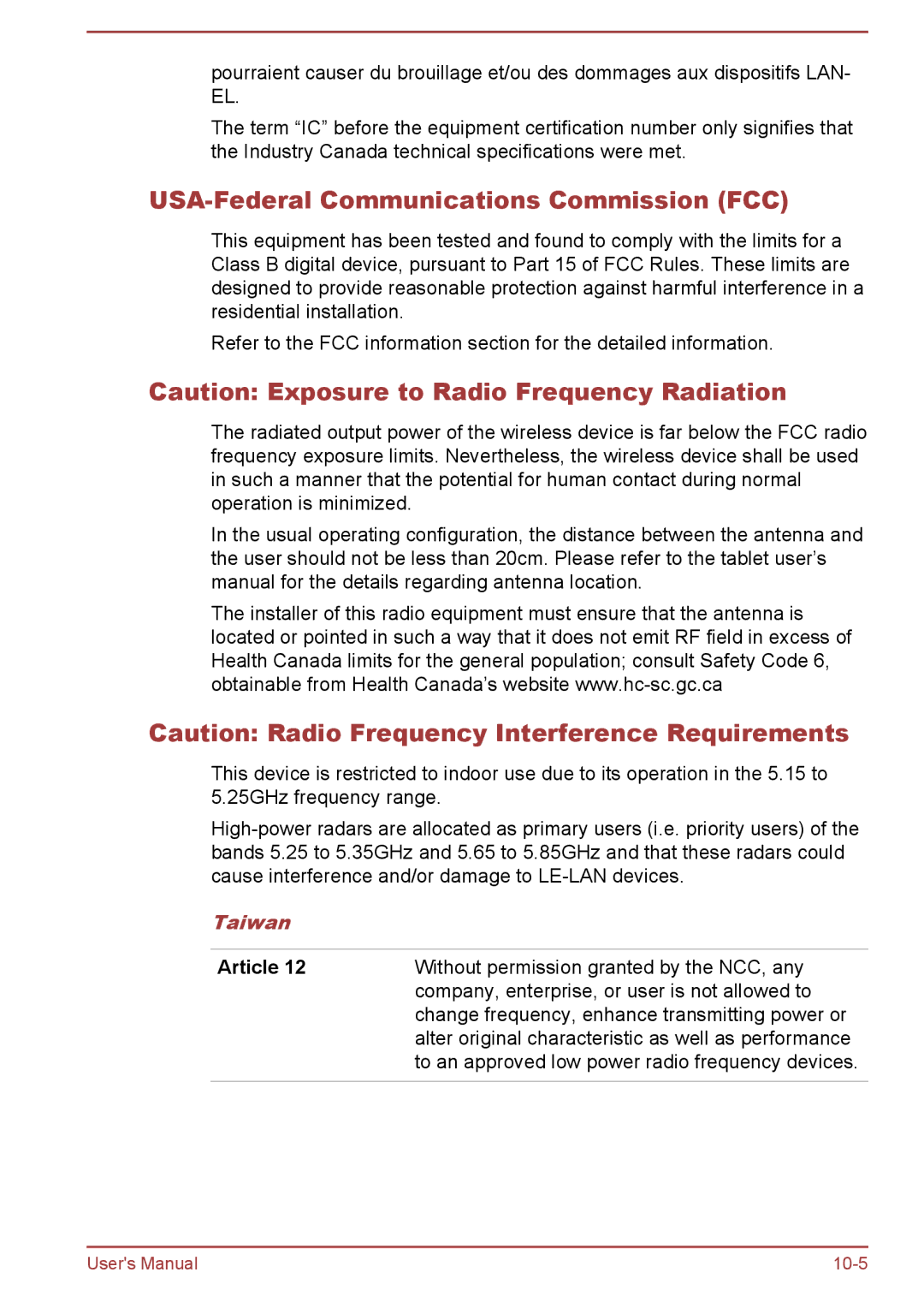 Toshiba AT7-C user manual USA-Federal Communications Commission FCC, Taiwan, Article 