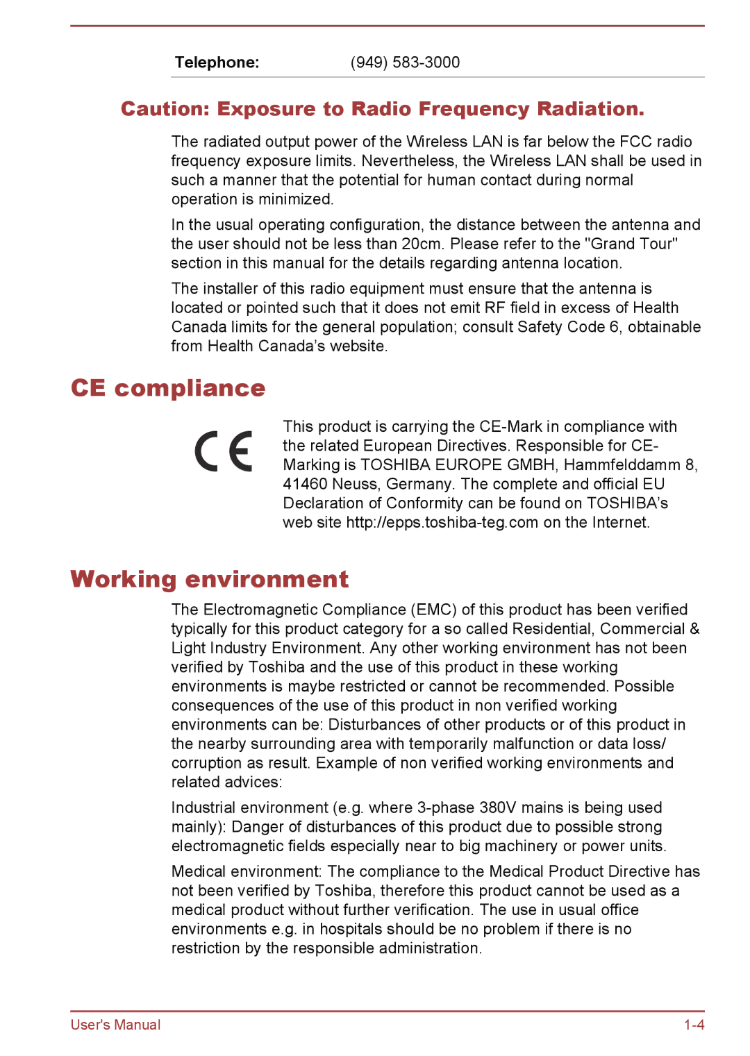 Toshiba AT7-C user manual CE compliance Working environment, Telephone 